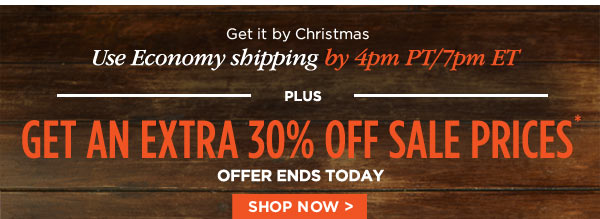 GET IT BY CHRISTMAS. USE ECONOMY SHIPPING BY 4PM PT/7PM ET. PLUS GET AN EXTRA 30% OFF SALE PRICES* OFFER ENDS TODAY. SHOP NOW