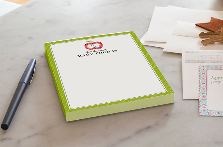 A new spin on an old favorite--an apple notepad with his or her name on it from Shutterfly.